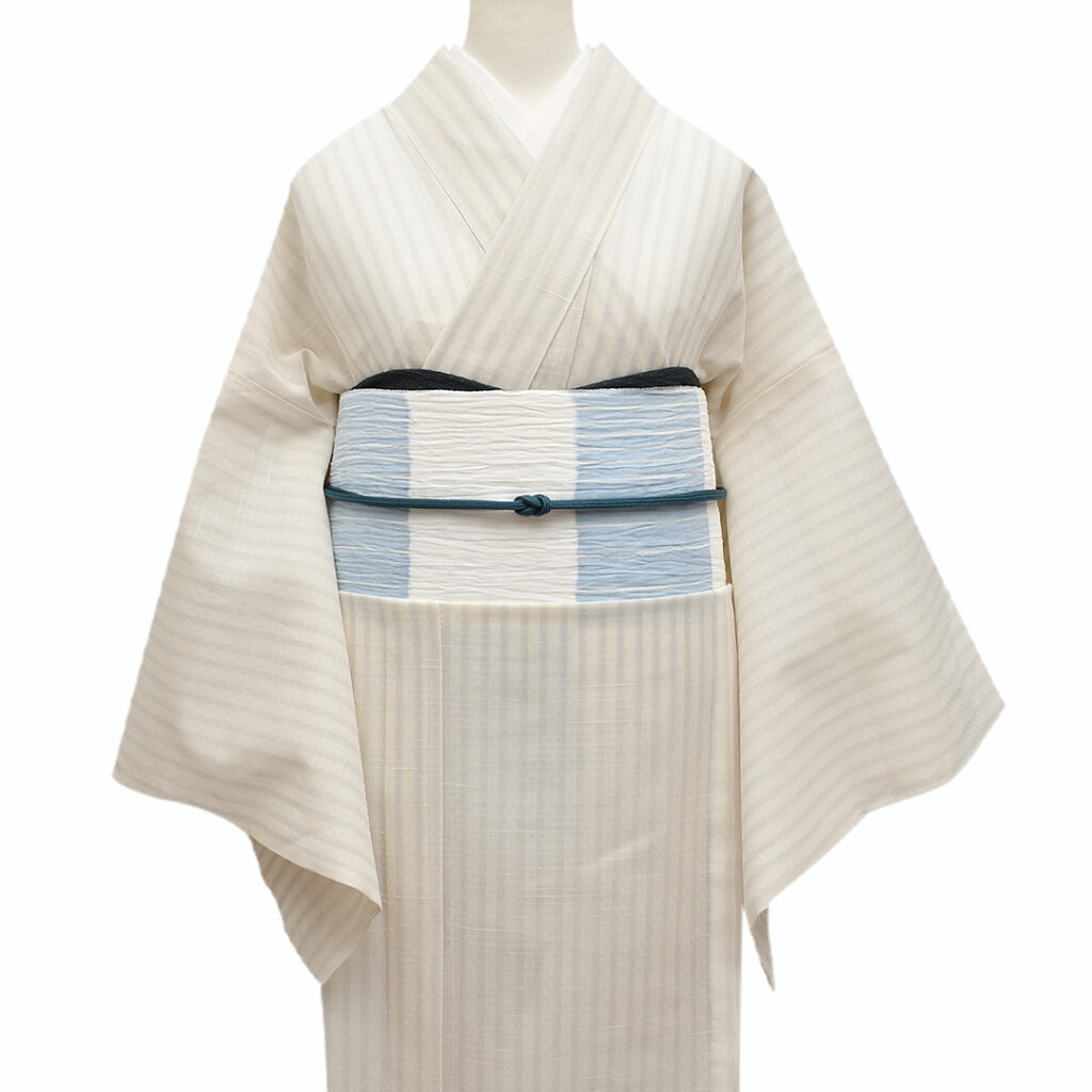[名古屋帯](単衣/夏)本麻 本場小千谷縮 作家 樋口隆司 作 縞入り市松 九寸帯 正絹 日本製(商品番号:21313) 