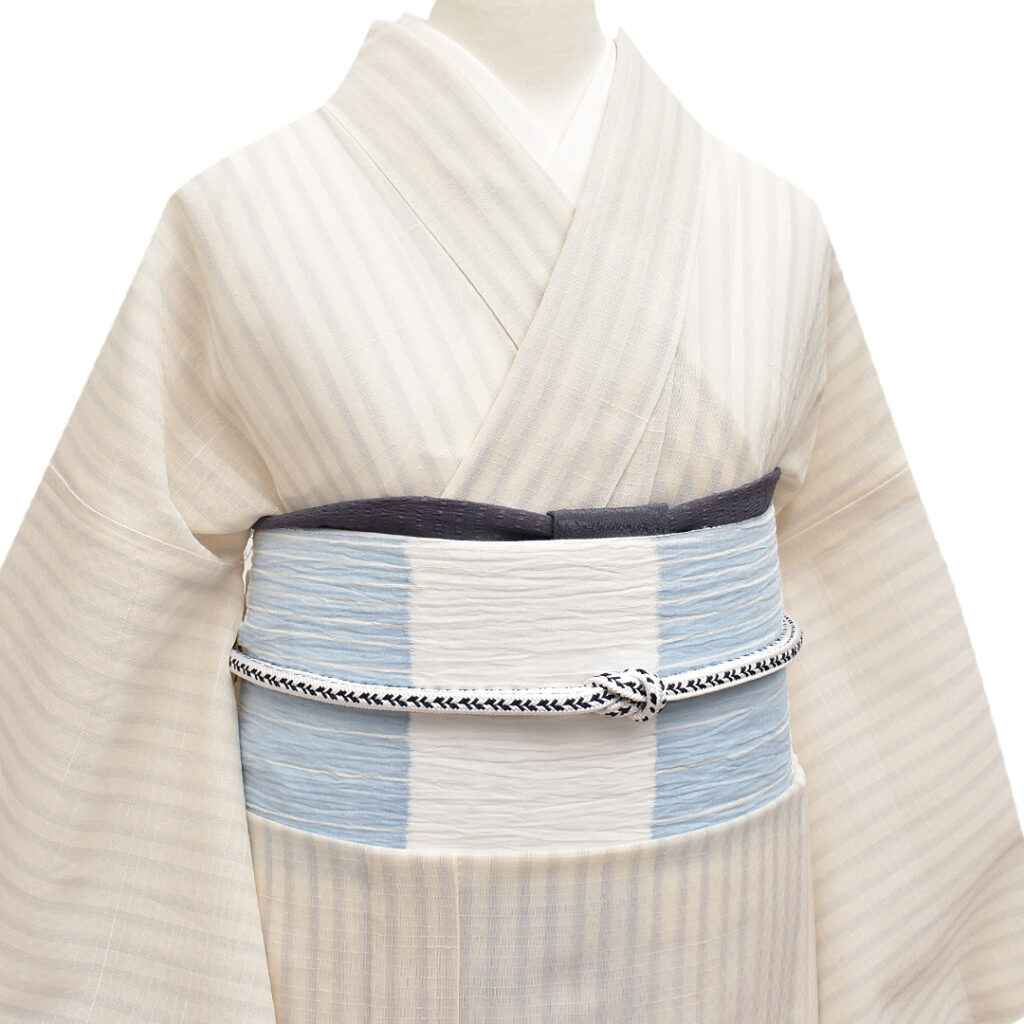 [名古屋帯](単衣/夏)本麻 本場小千谷縮 作家 樋口隆司 作 縞入り市松 九寸帯 正絹 日本製(商品番号:21313) 