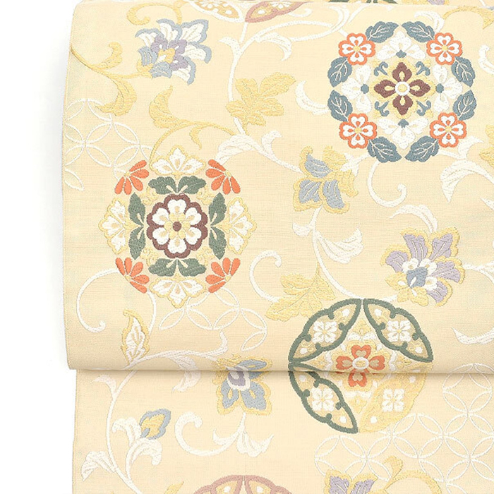 [名古屋帯]【訳あり/B反】西陣織 老舗 志都香 謹製 唐花七宝 九寸帯