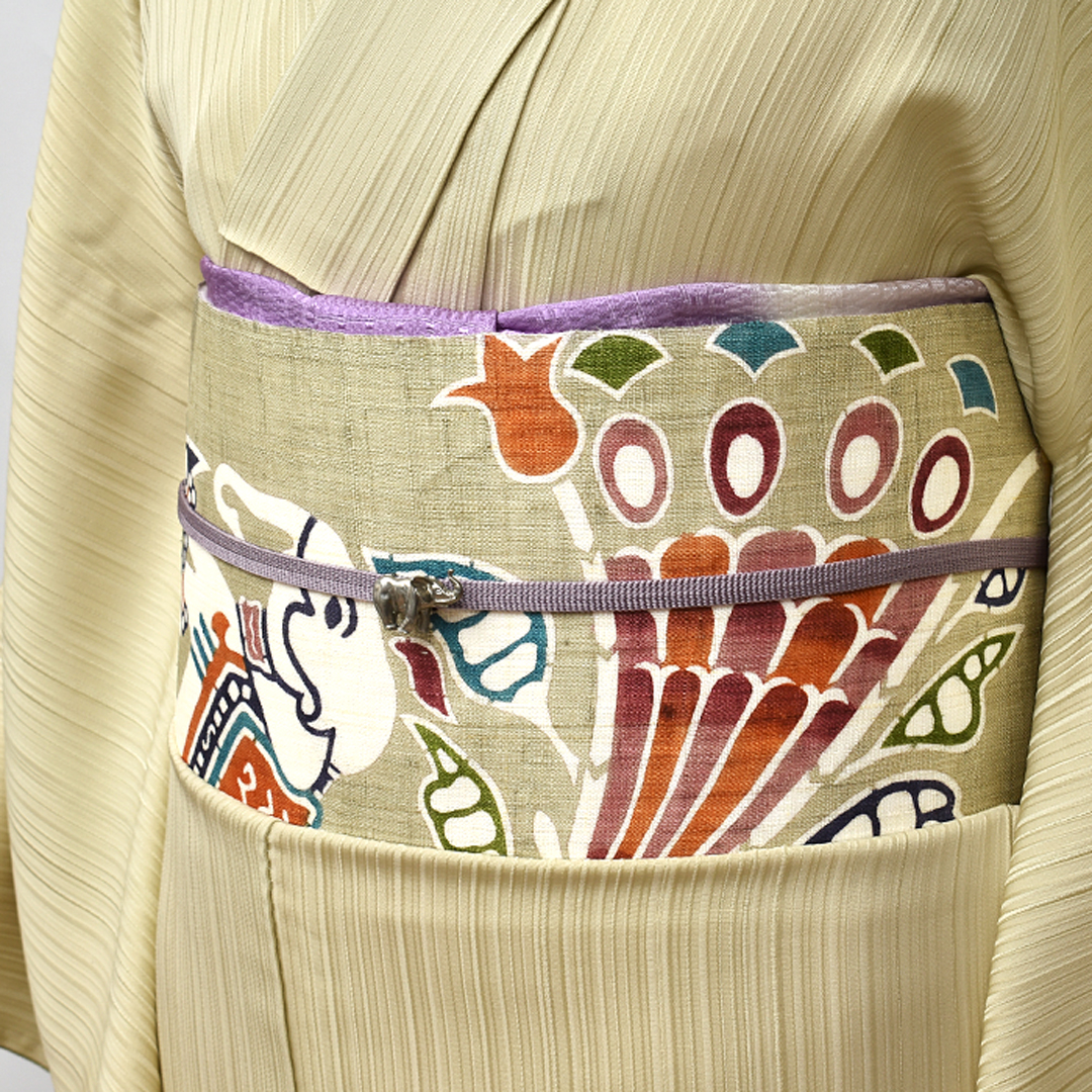 (単衣/夏)本大麻 栗山吉三郎 謹製 和染め紅型 象更紗 九寸帯